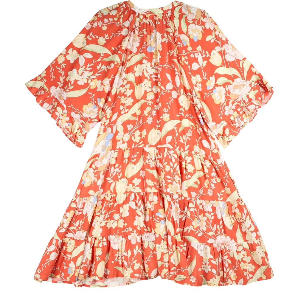 Jaase Coral Floral Tiered Mini Dress Womens XS Boho Tassel Button Front Flutter - Picture 2 of 9